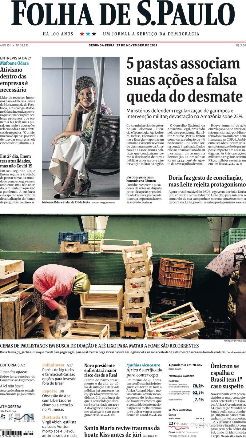 Capa do jornal Folha de S.Paulo 29/11/2021