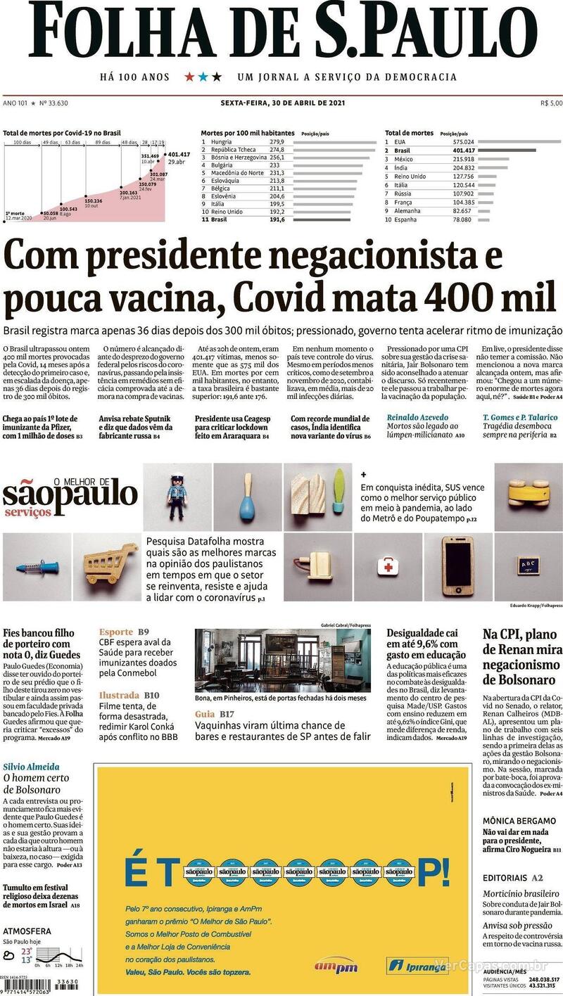 Capa do jornal Folha de S.Paulo 30/04/2021