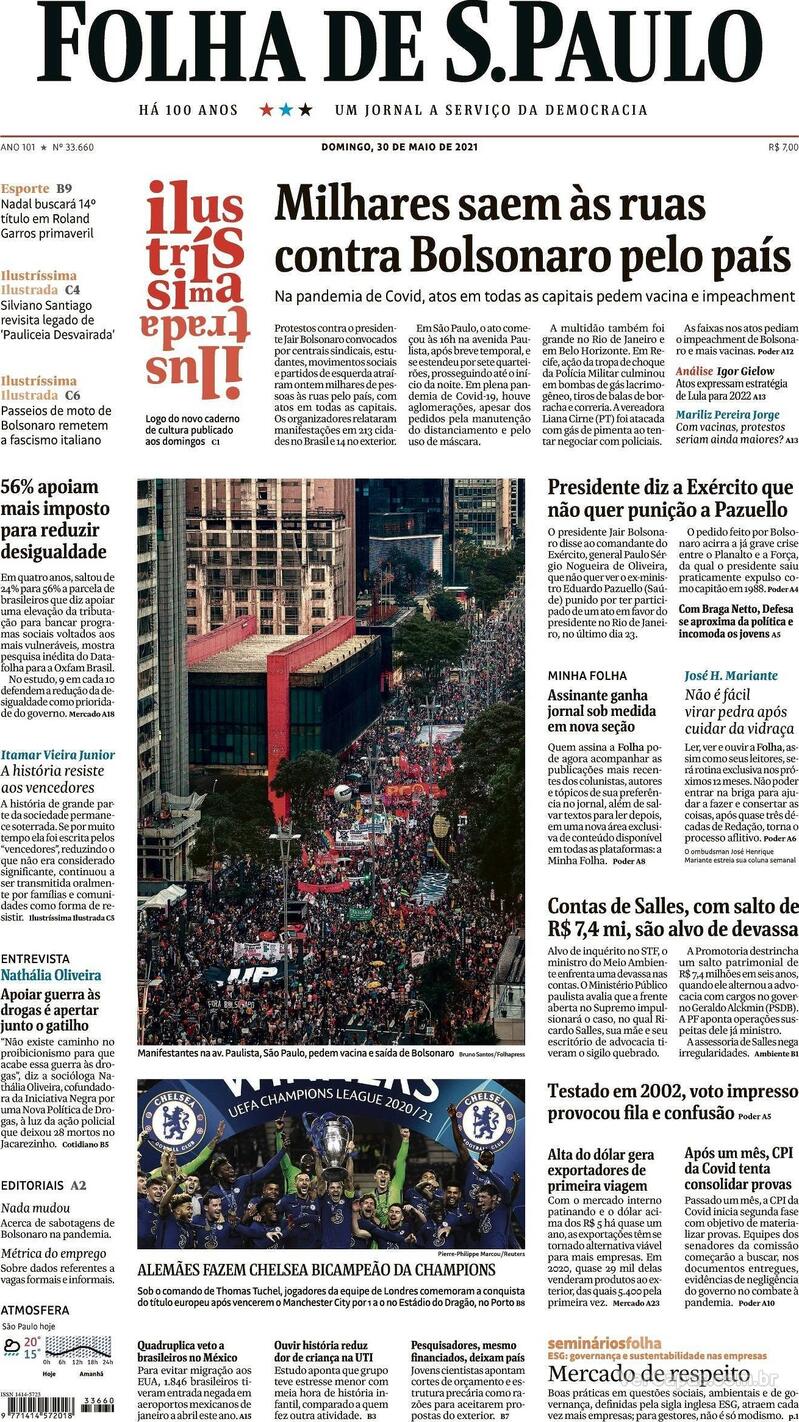 Capa do jornal Folha de S.Paulo 30/05/2021
