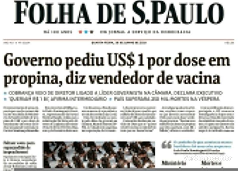 Capa do jornal Folha de S.Paulo 30/06/2021