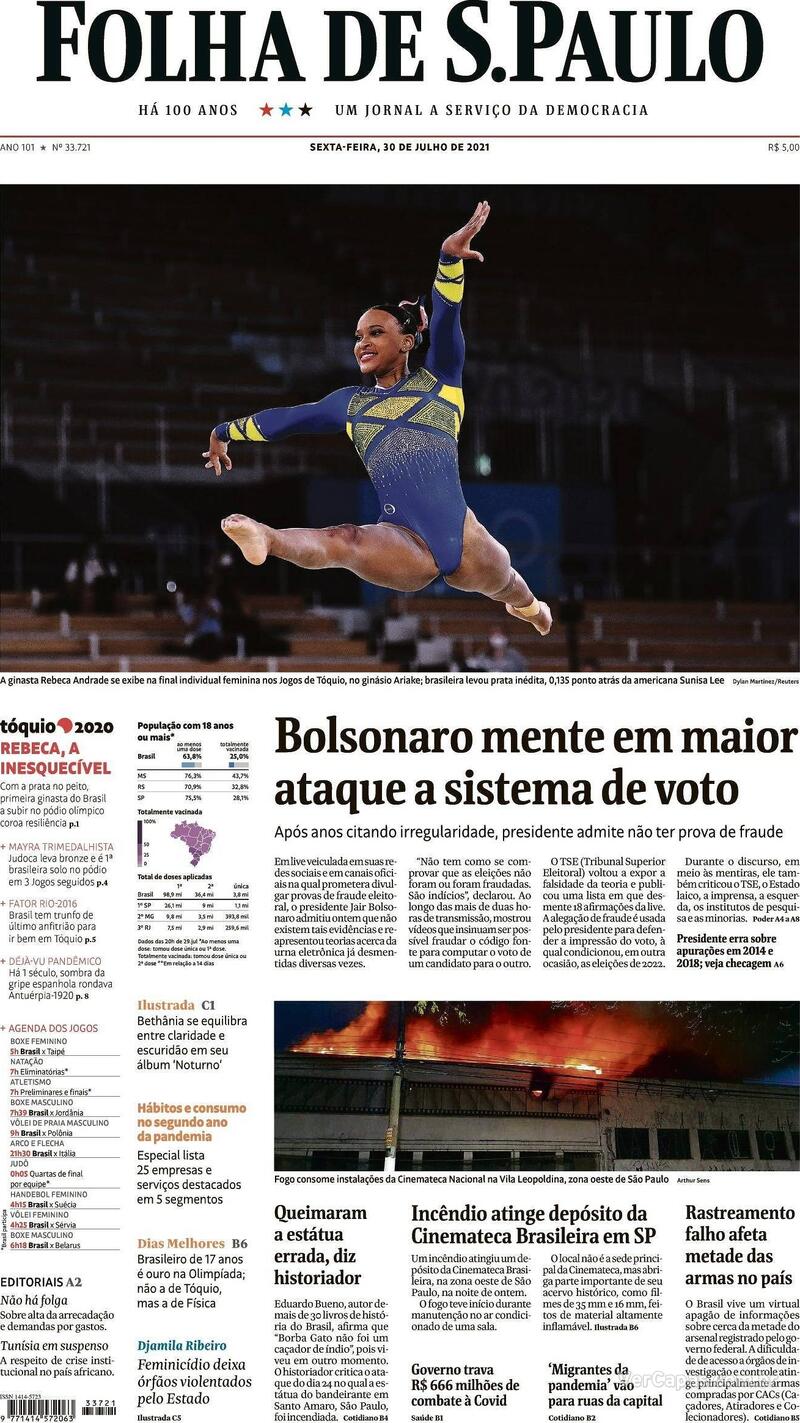 Capa do jornal Folha de S.Paulo 30/07/2021
