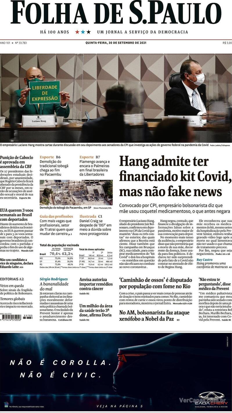 Capa do jornal Folha de S.Paulo 30/09/2021
