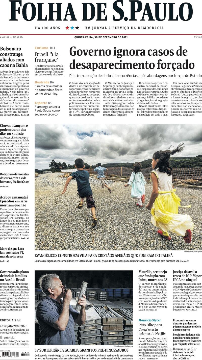 Capa do jornal Folha de S.Paulo 30/12/2021