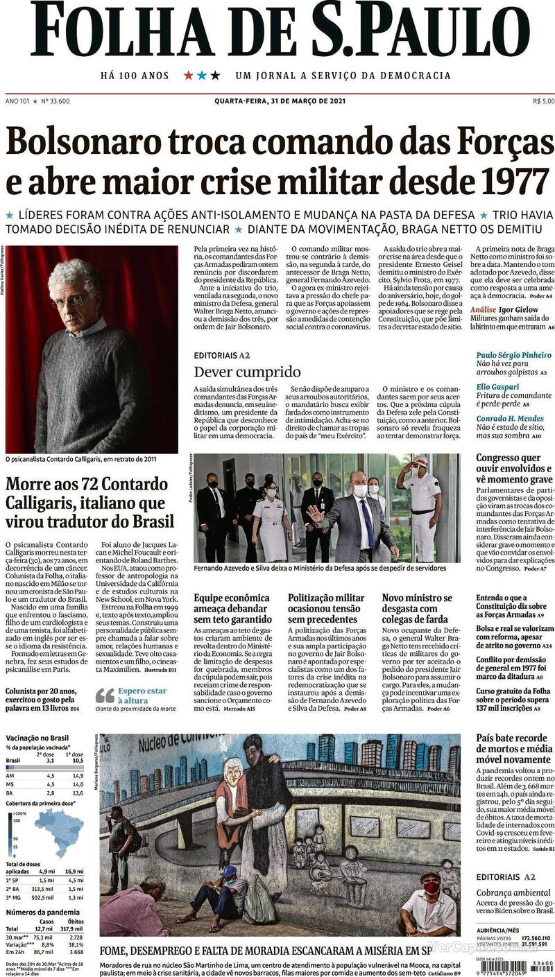 Capa do jornal Folha de S.Paulo 31/03/2021