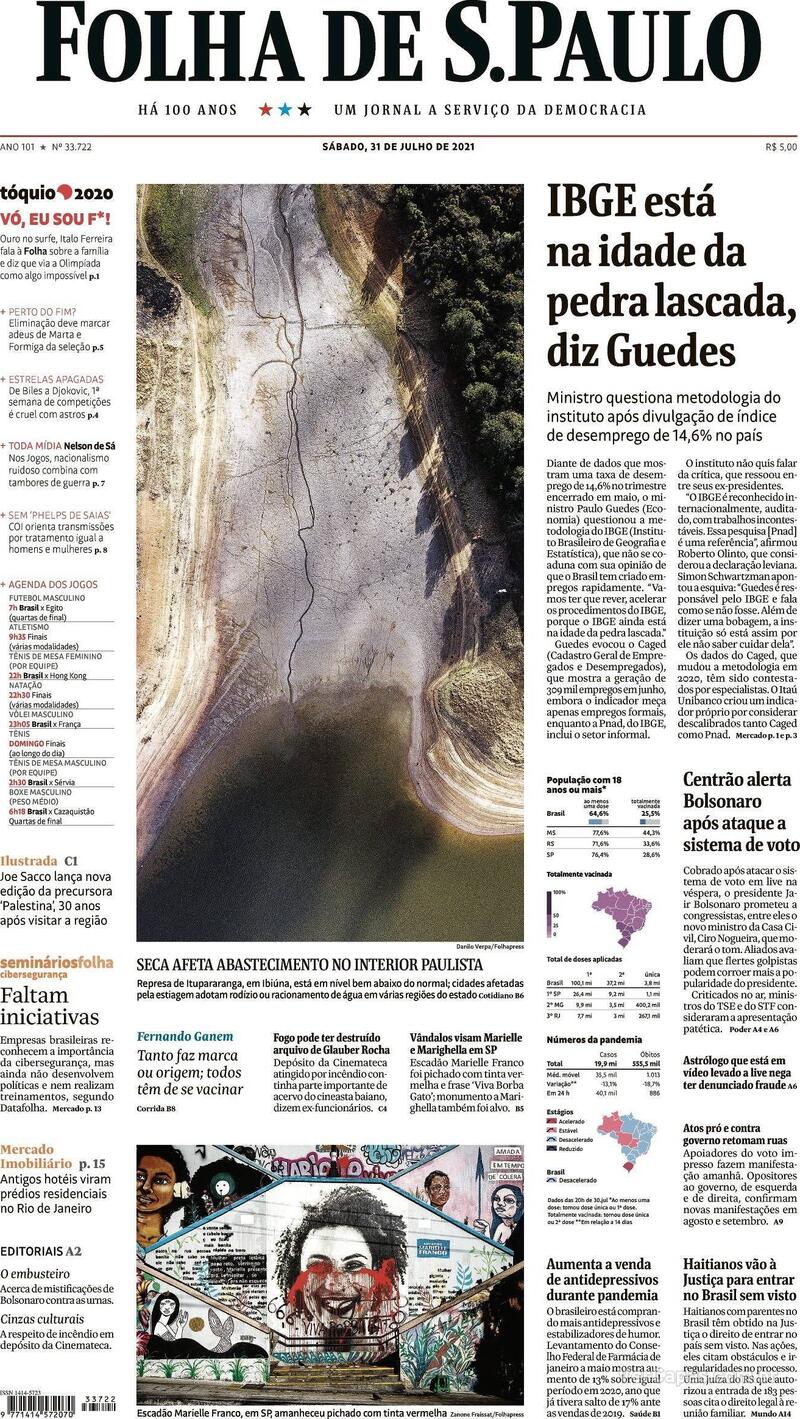 Capa do jornal Folha de S.Paulo 31/07/2021