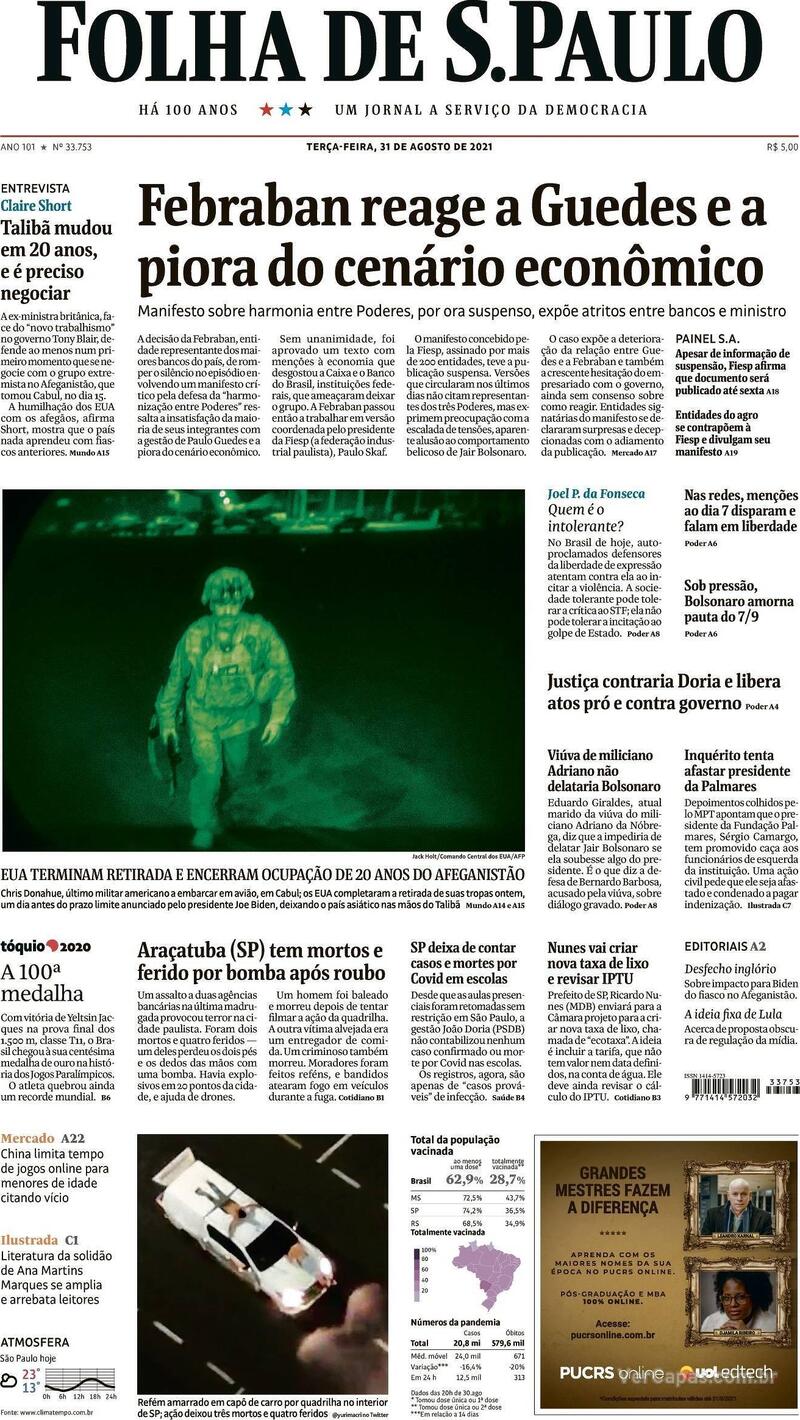Capa do jornal Folha de S.Paulo 31/08/2021