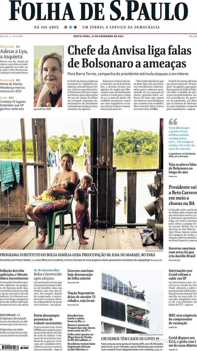 Capa do jornal Folha de S.Paulo 31/12/2021