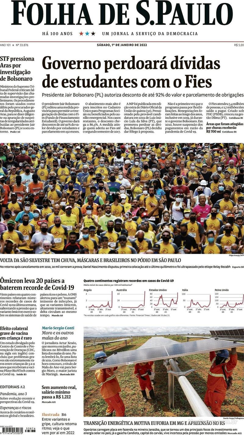 Capa do jornal Folha de S.Paulo 01/01/2022
