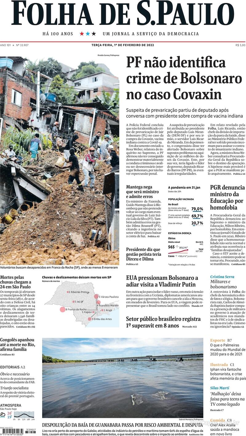 Capa do jornal Folha de S.Paulo 01/02/2022