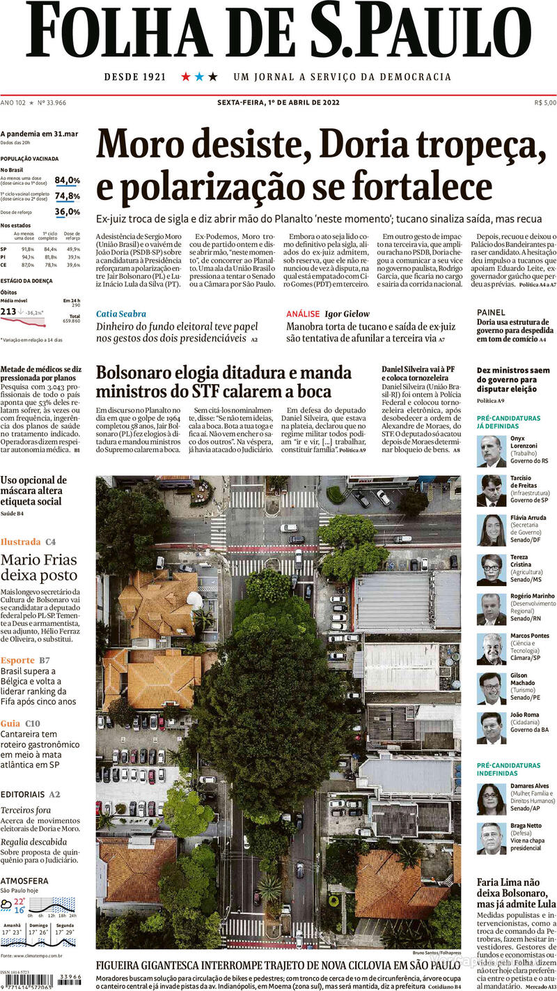 Capa do jornal Folha de S.Paulo 01/04/2022