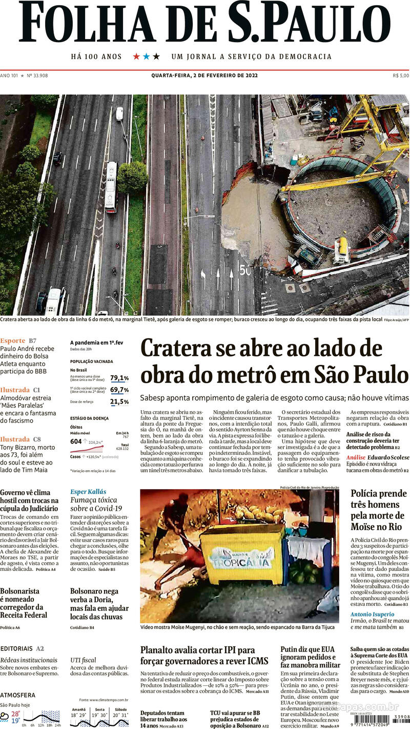 Capa do jornal Folha de S.Paulo 02/02/2022