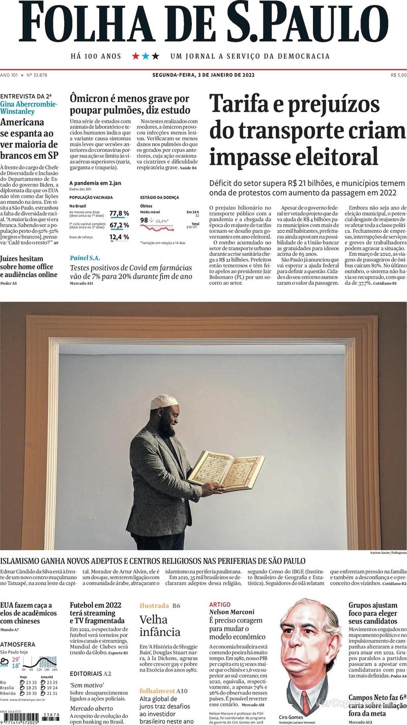 Capa do jornal Folha de S.Paulo 03/01/2022