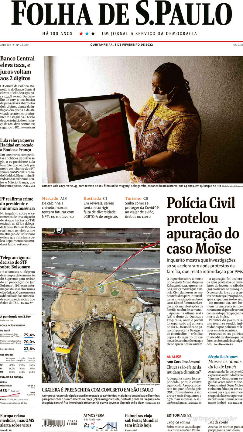 Capa do jornal Folha de S.Paulo 03/02/2022