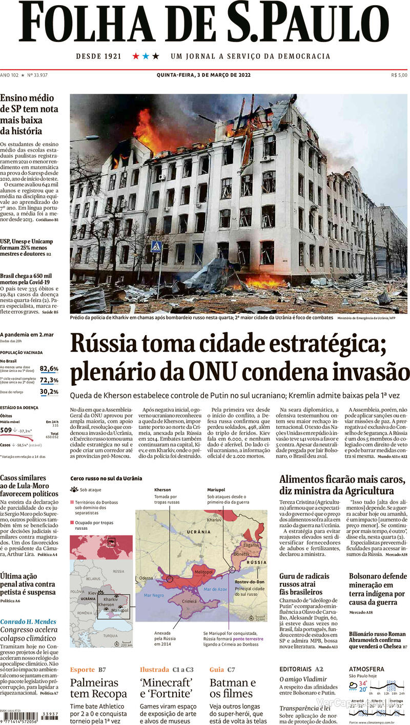 Capa do jornal Folha de S.Paulo 03/03/2022