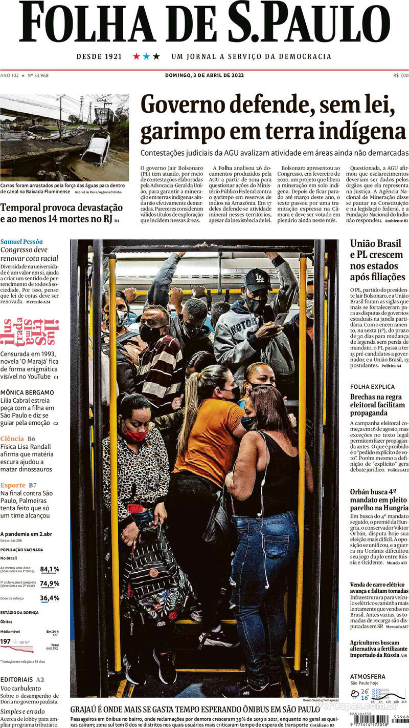 Capa do jornal Folha de S.Paulo 03/04/2022