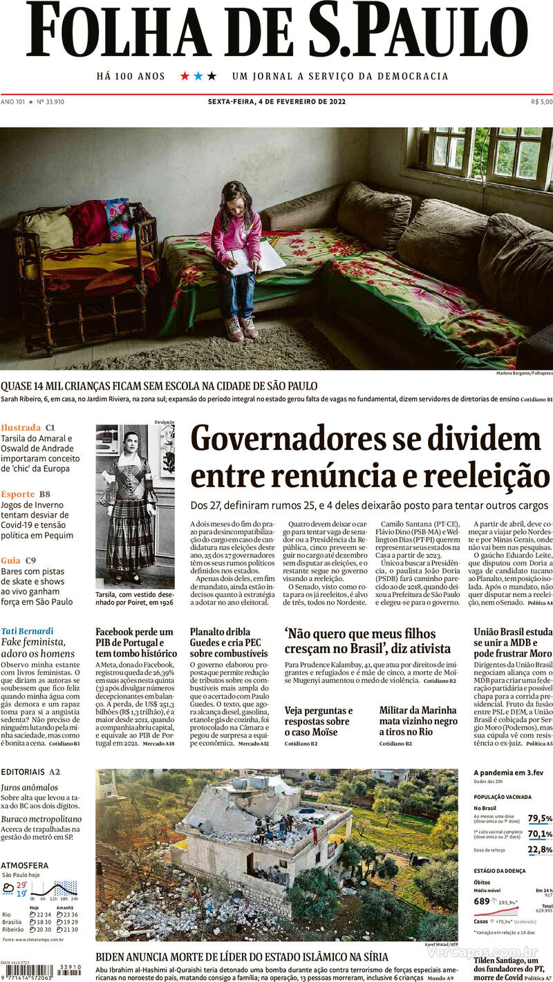 Capa do jornal Folha de S.Paulo 04/02/2022