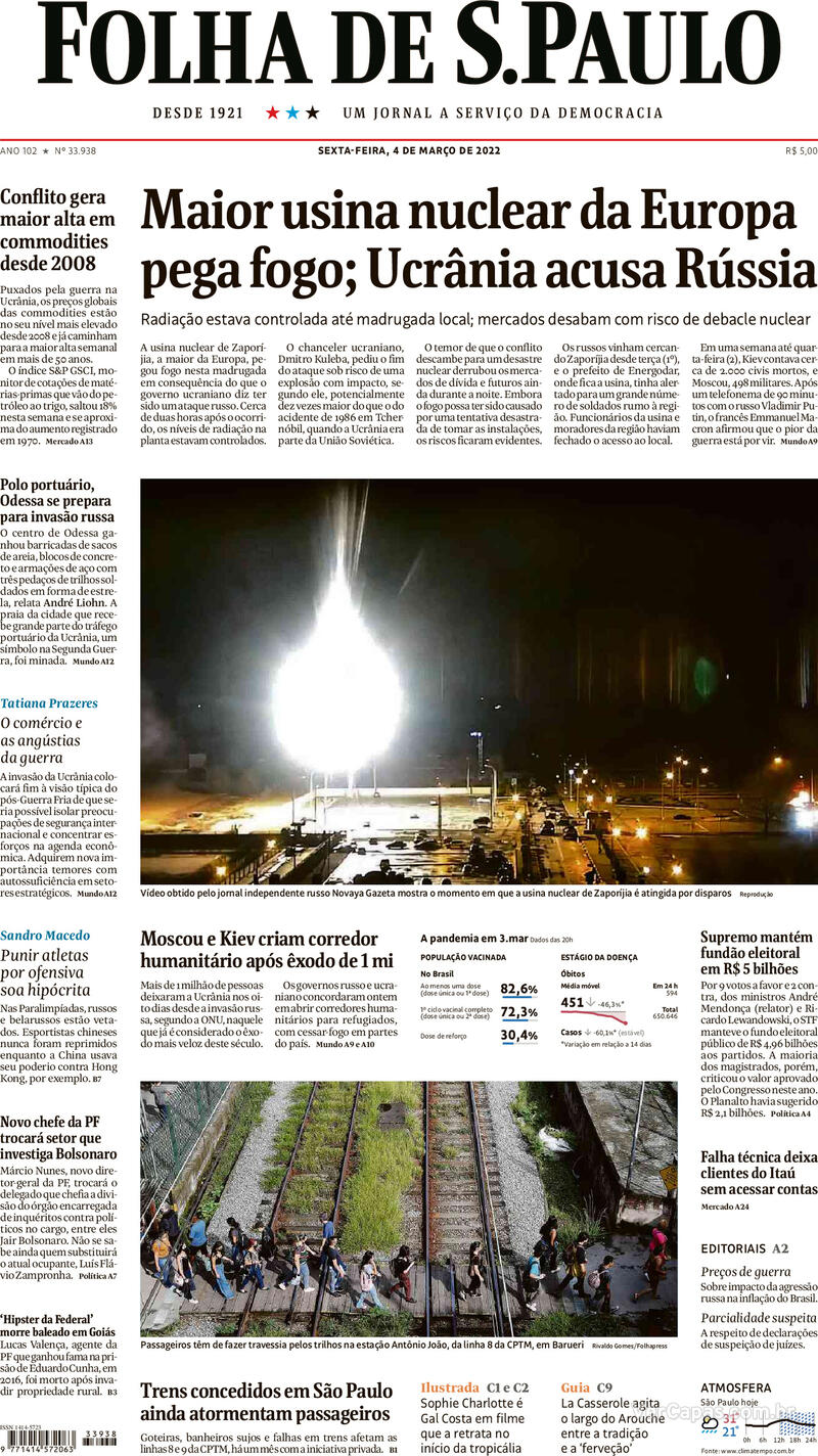 Capa do jornal Folha de S.Paulo 04/03/2022