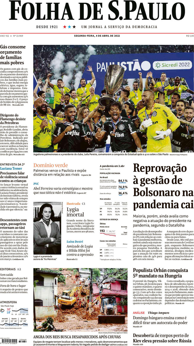 Capa do jornal Folha de S.Paulo 04/04/2022