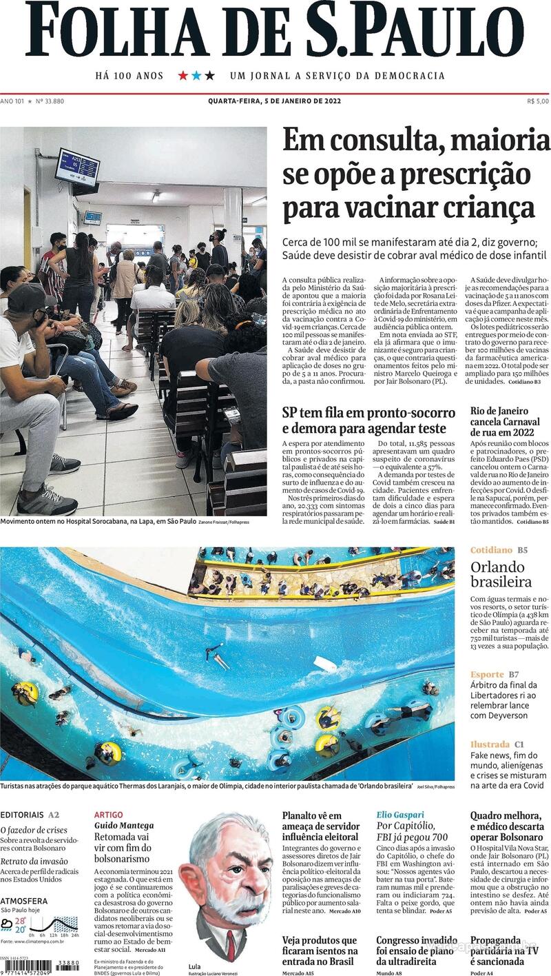 Capa do jornal Folha de S.Paulo 05/01/2022