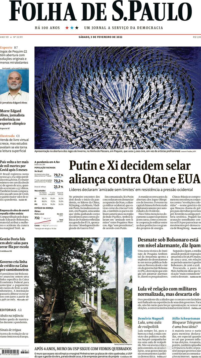 Capa do jornal Folha de S.Paulo 05/02/2022