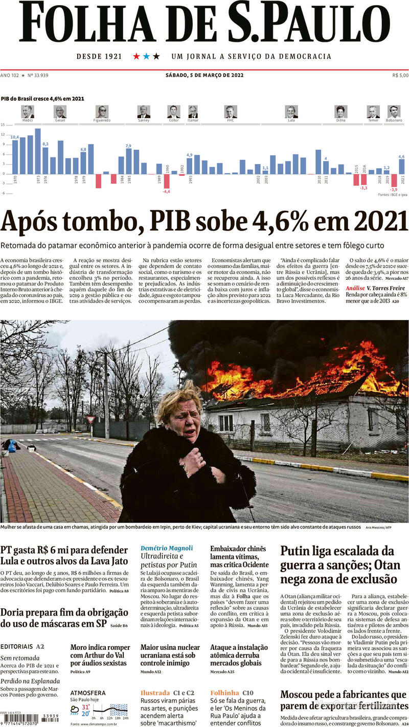 Capa do jornal Folha de S.Paulo 05/03/2022