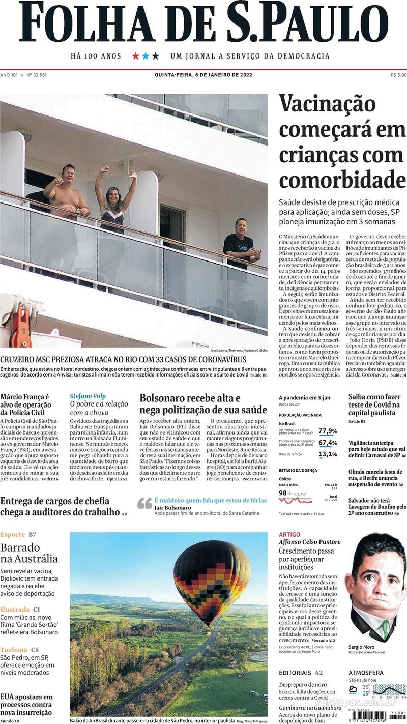 Capa do jornal Folha de S.Paulo 06/01/2022
