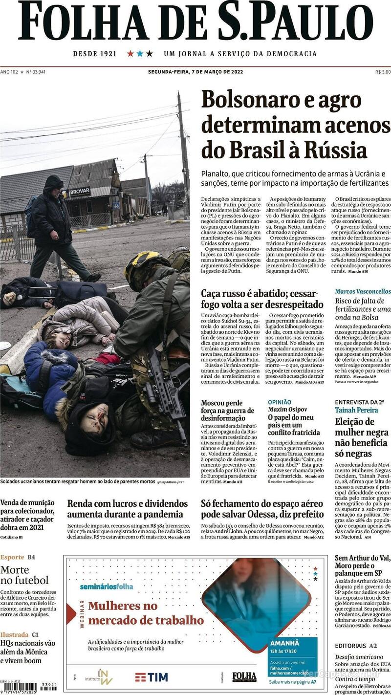 Capa do jornal Folha de S.Paulo 07/03/2022
