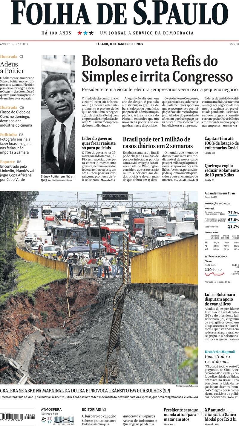 Capa do jornal Folha de S.Paulo 08/01/2022