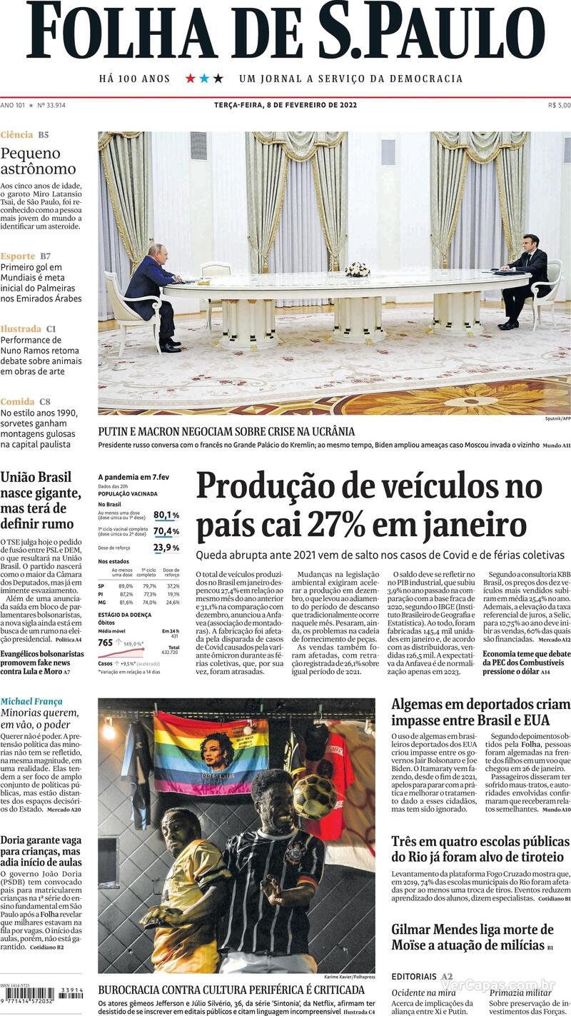 Capa do jornal Folha de S.Paulo 08/02/2022