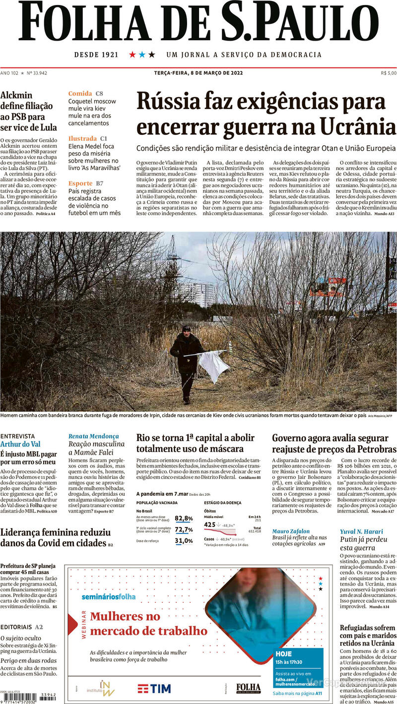 Capa do jornal Folha de S.Paulo 08/03/2022