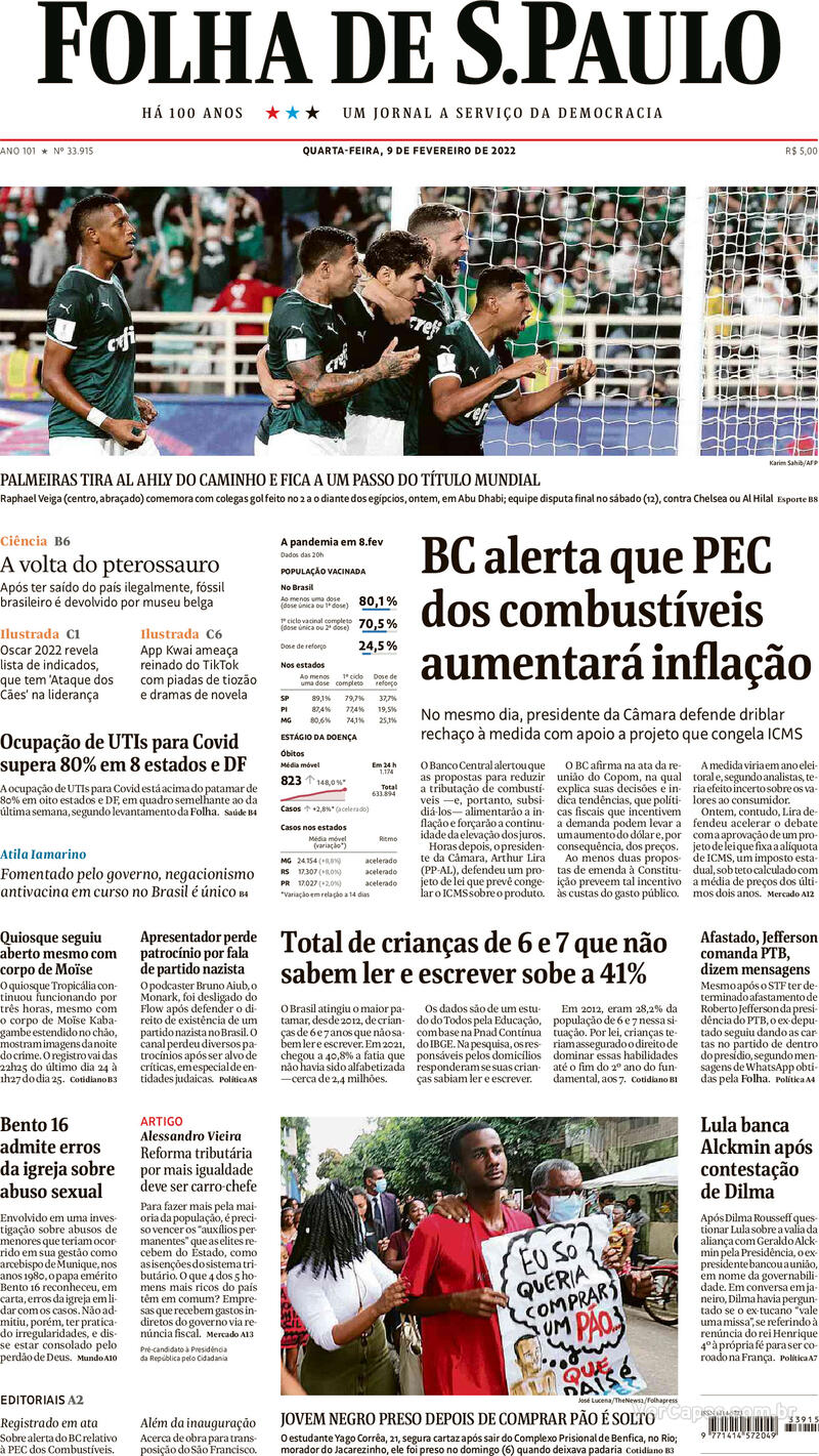 Capa do jornal Folha de S.Paulo 09/02/2022