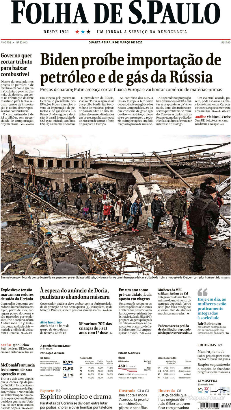 Capa do jornal Folha de S.Paulo 09/03/2022