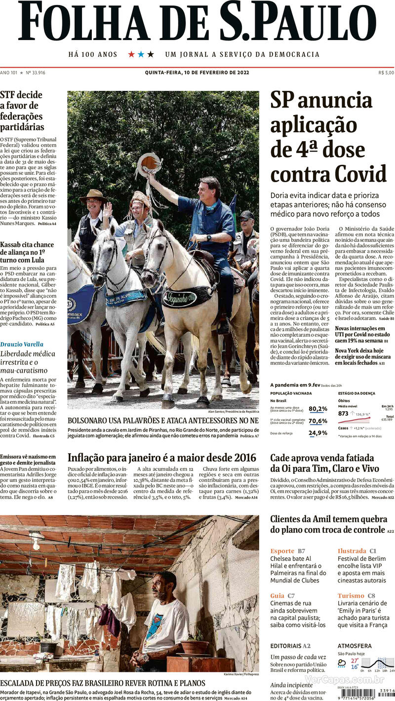 Capa do jornal Folha de S.Paulo 10/02/2022