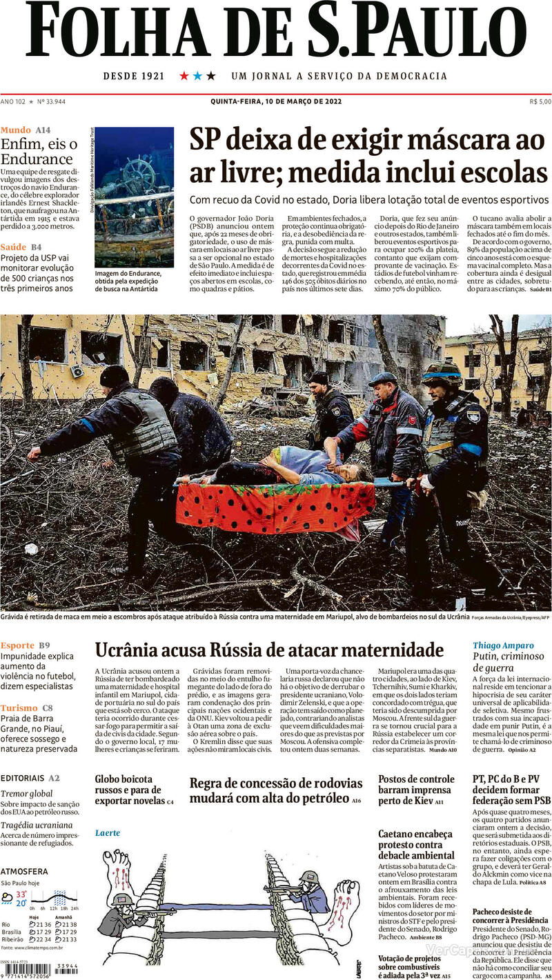 Capa do jornal Folha de S.Paulo 10/03/2022