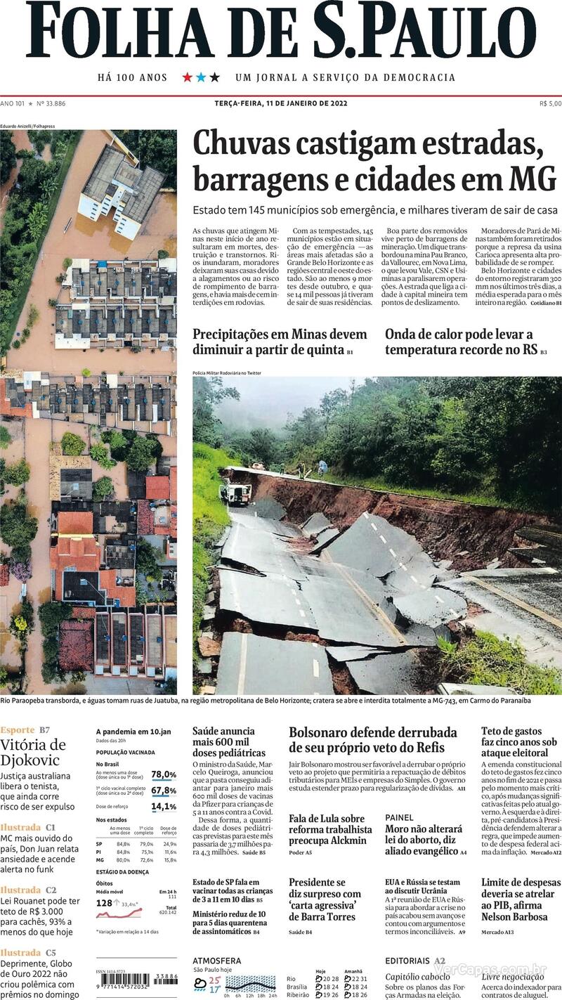 Capa do jornal Folha de S.Paulo 11/01/2022
