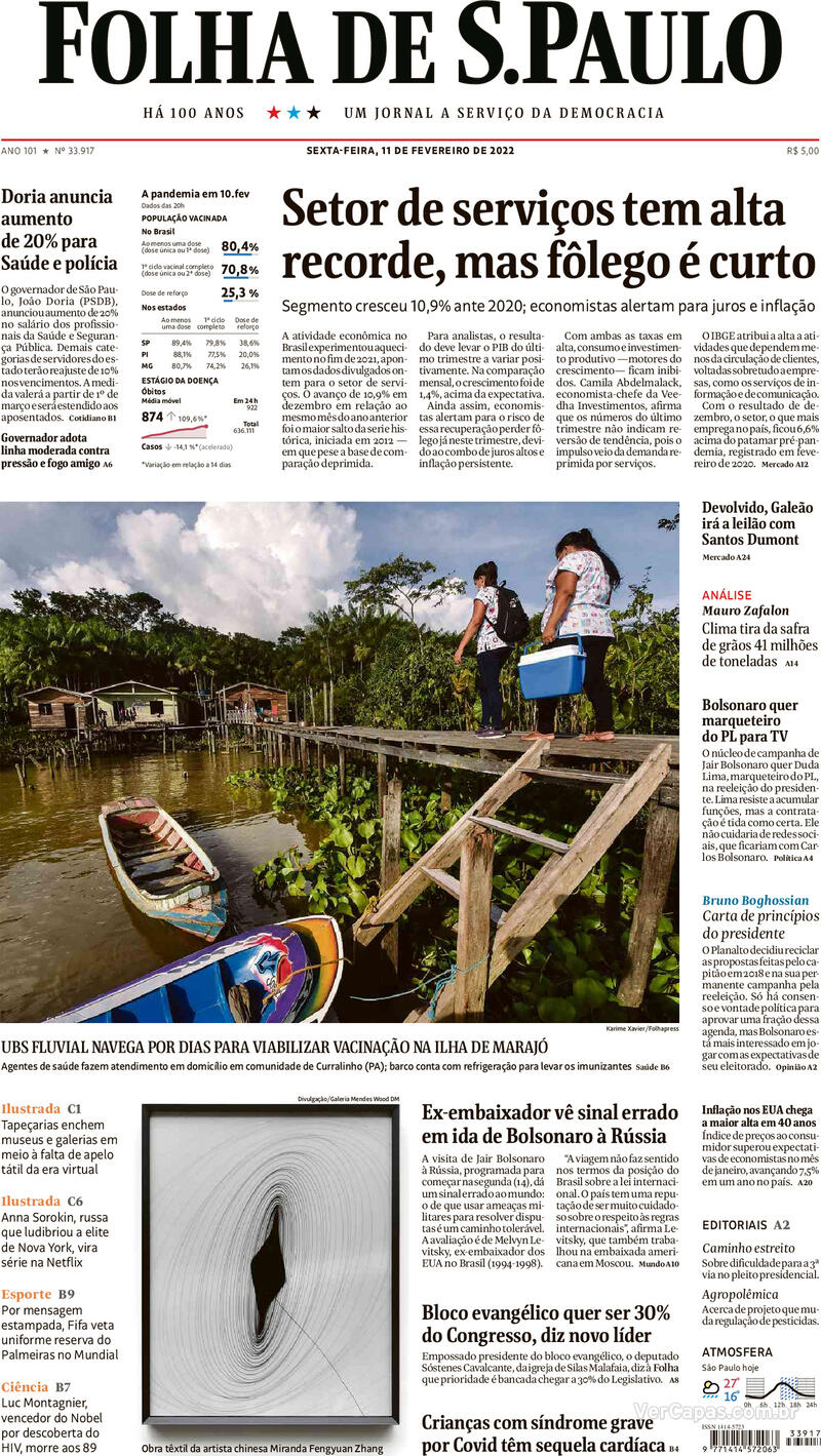 Capa do jornal Folha de S.Paulo 11/02/2022