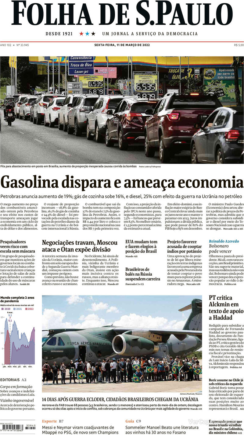 Capa do jornal Folha de S.Paulo 11/03/2022