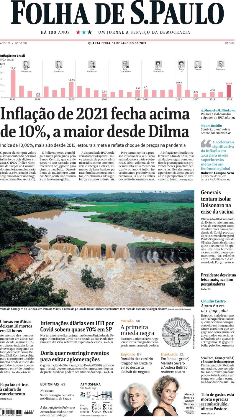 Capa do jornal Folha de S.Paulo 12/01/2022