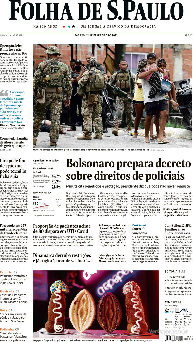 Capa do jornal Folha de S.Paulo 12/02/2022