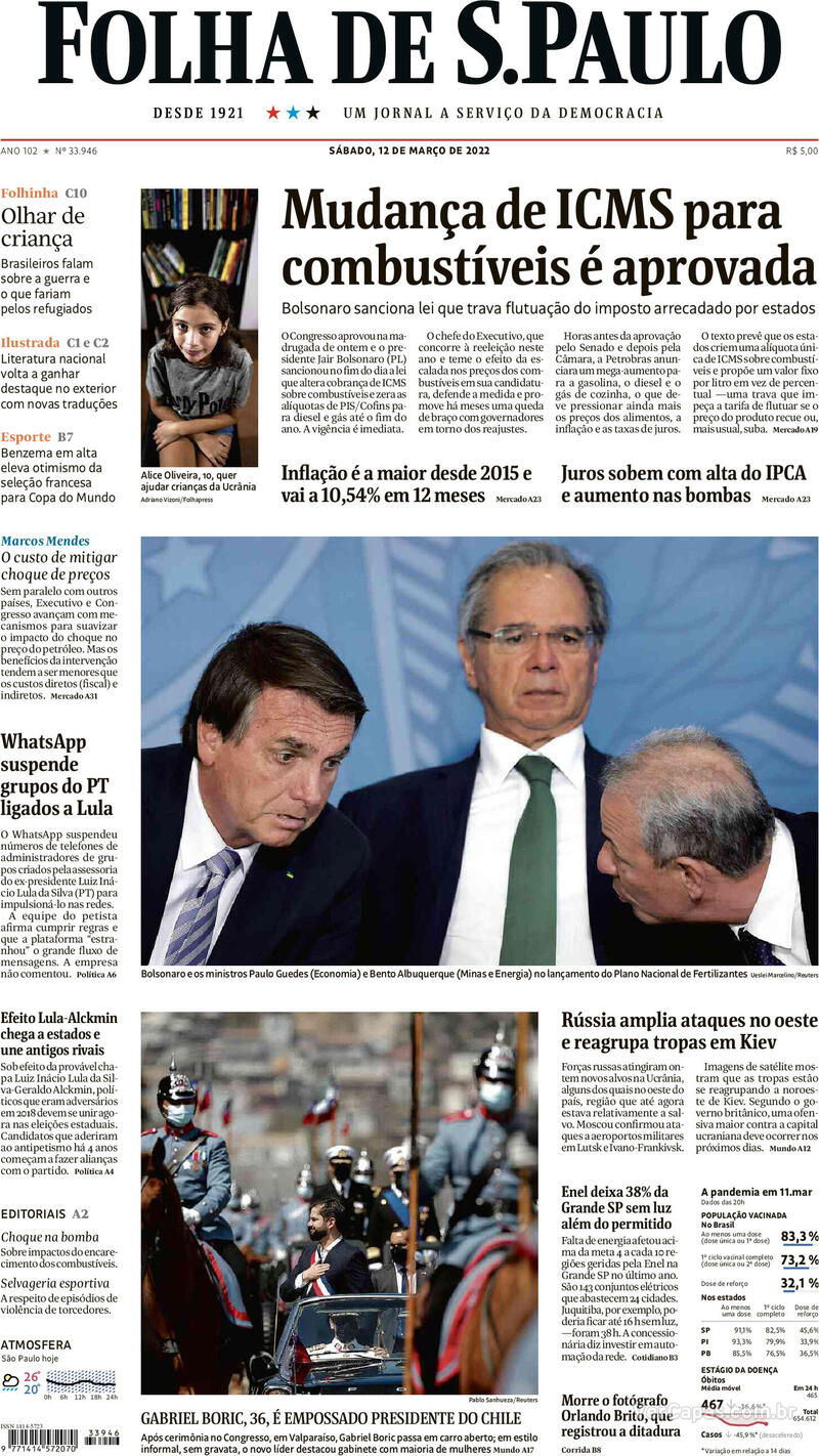 Capa do jornal Folha de S.Paulo 12/03/2022
