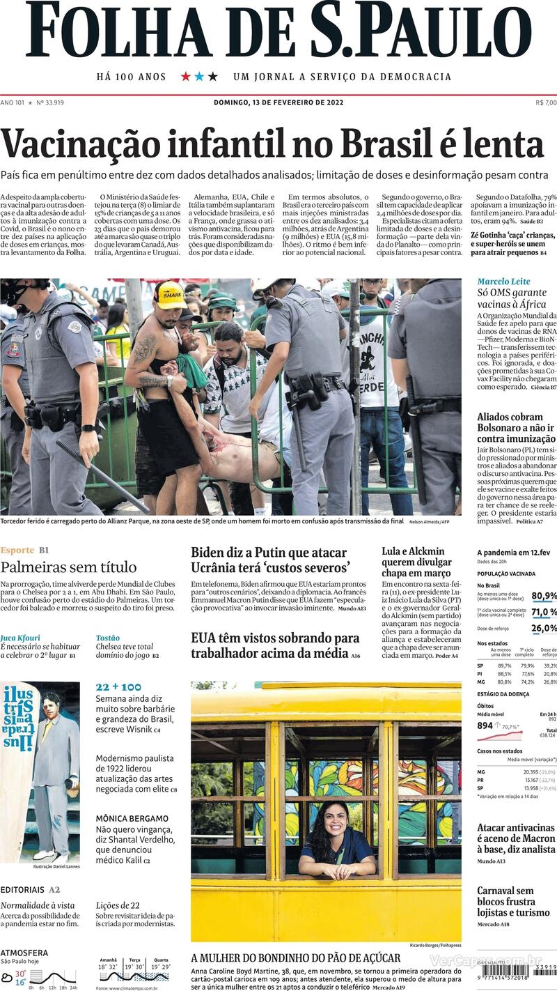 Capa do jornal Folha de S.Paulo 13/02/2022