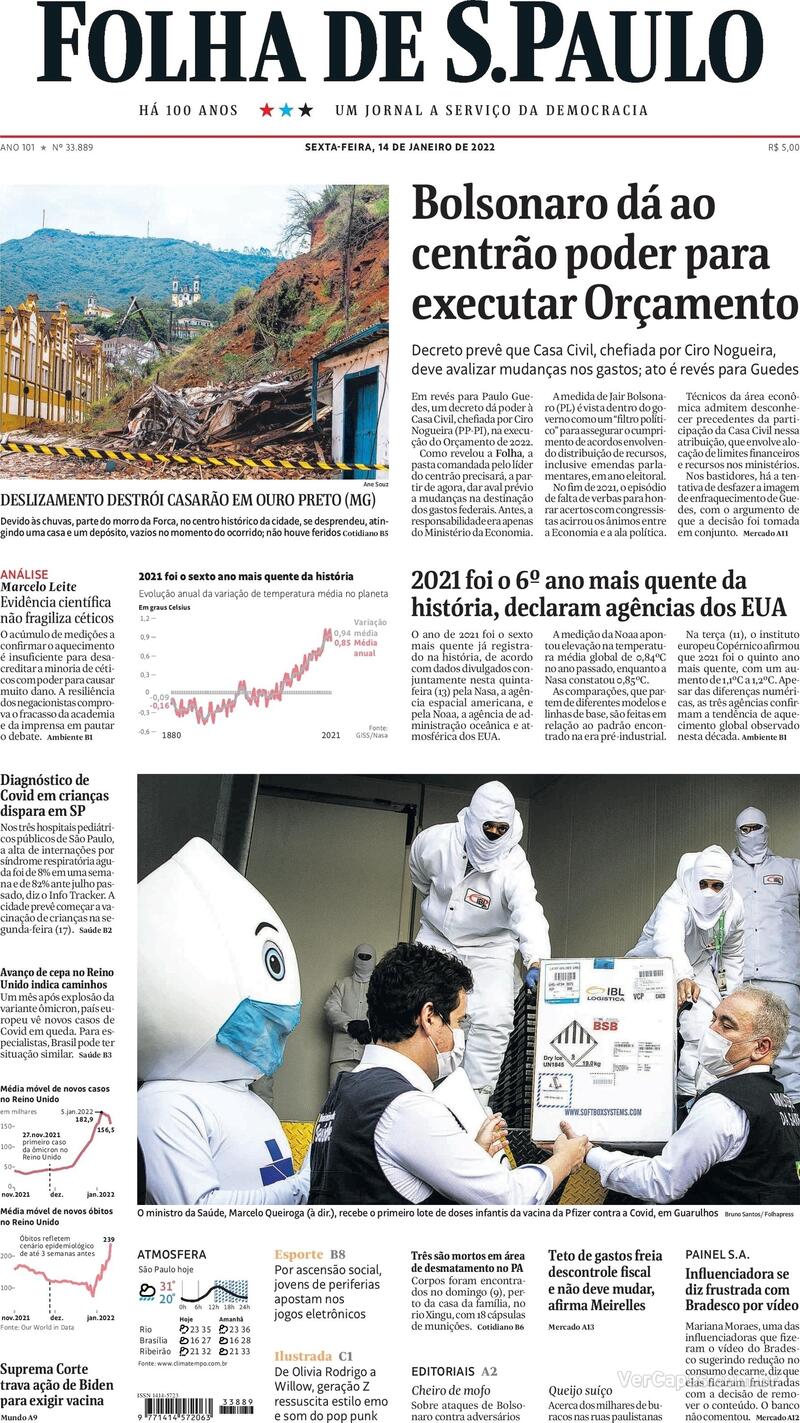 Capa do jornal Folha de S.Paulo 14/01/2022
