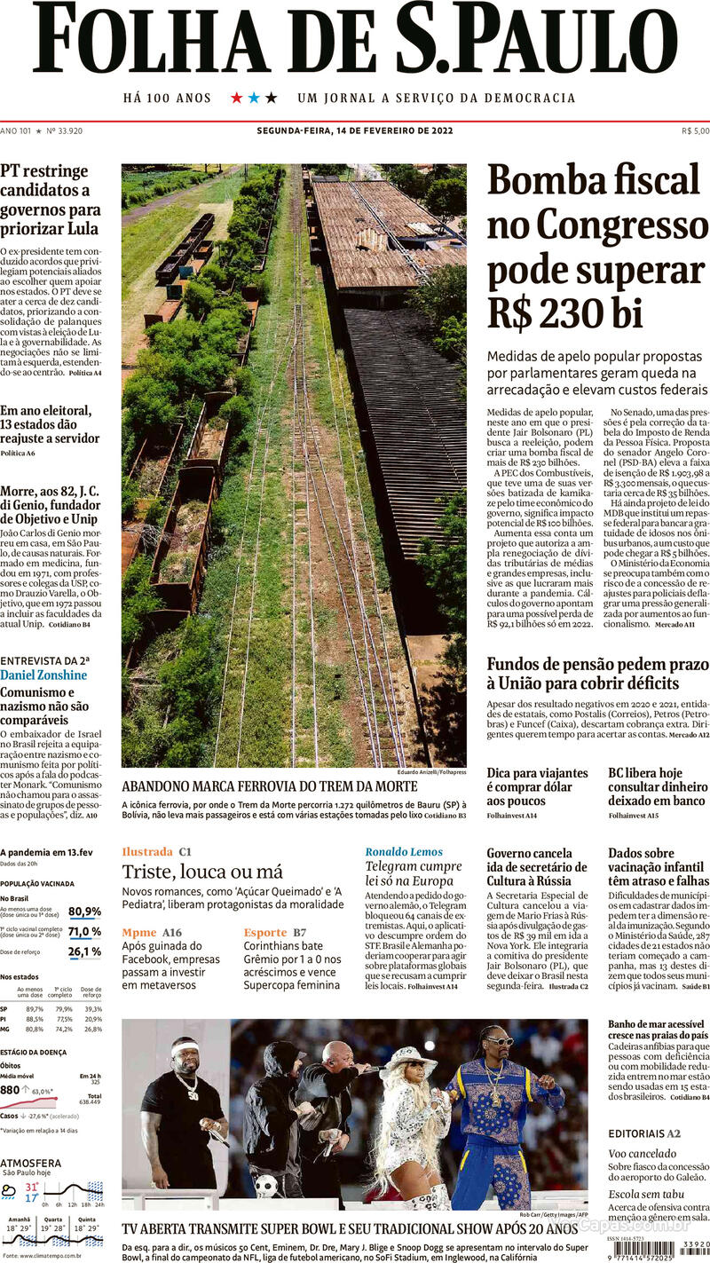 Capa do jornal Folha de S.Paulo 14/02/2022