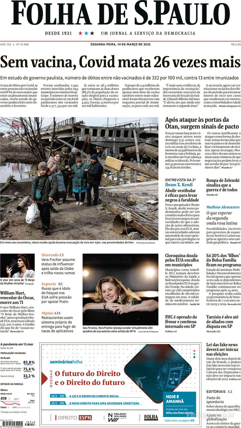 Capa do jornal Folha de S.Paulo 14/03/2022