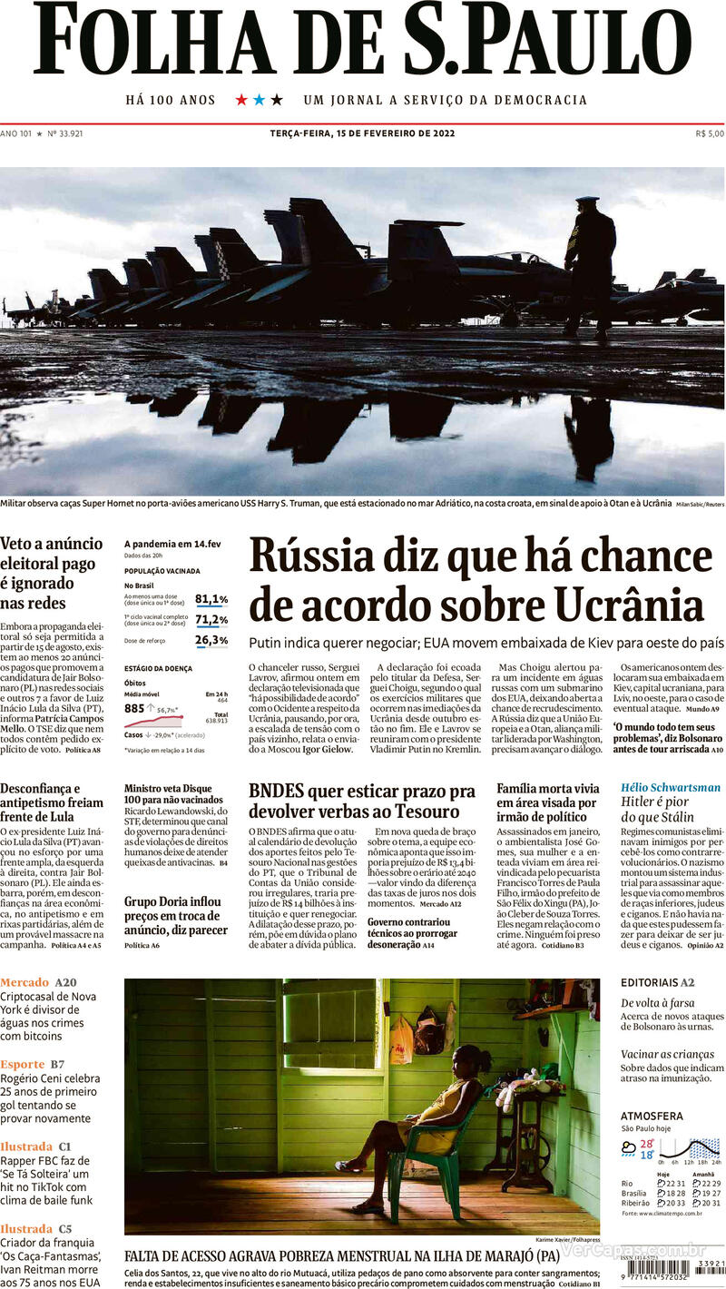 Capa do jornal Folha de S.Paulo 15/02/2022