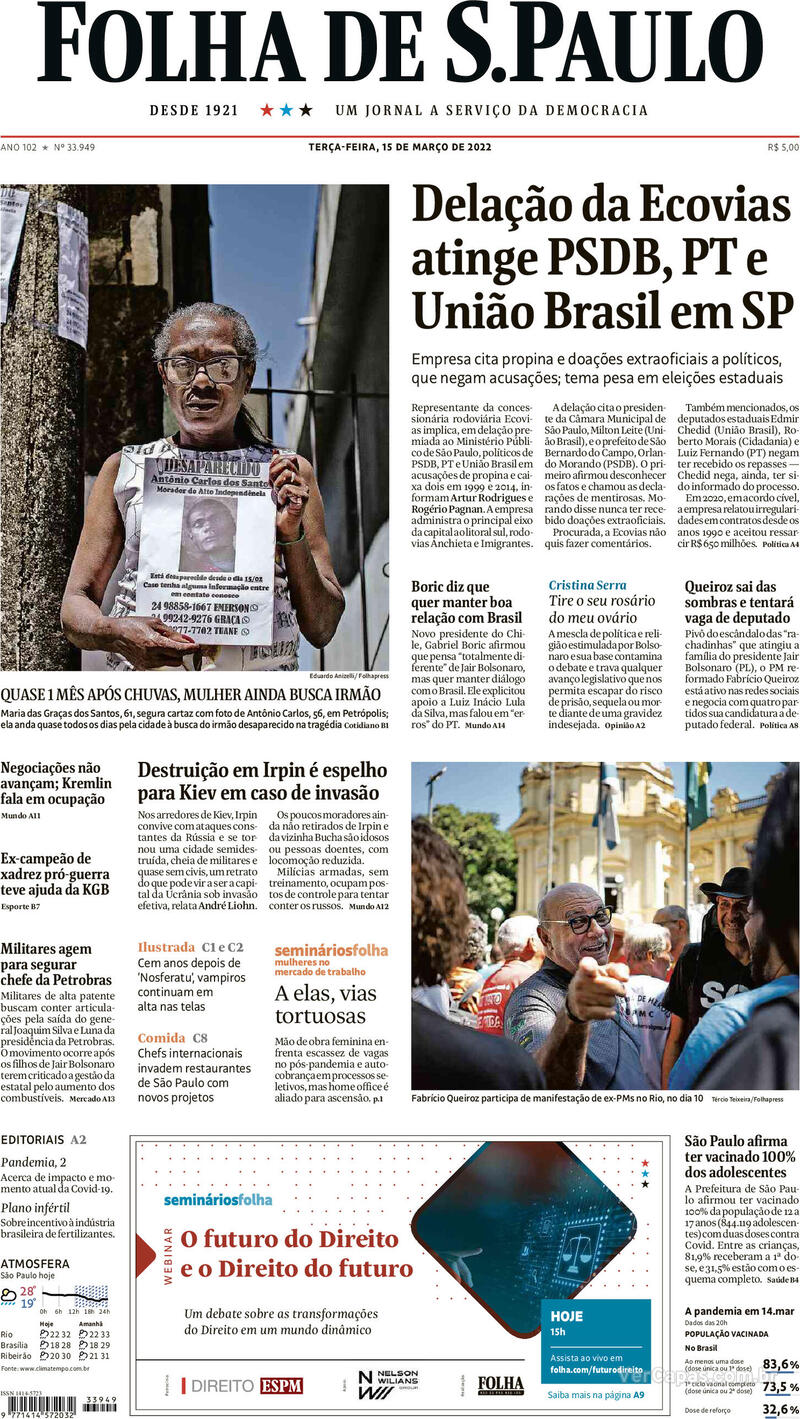 Capa do jornal Folha de S.Paulo 15/03/2022