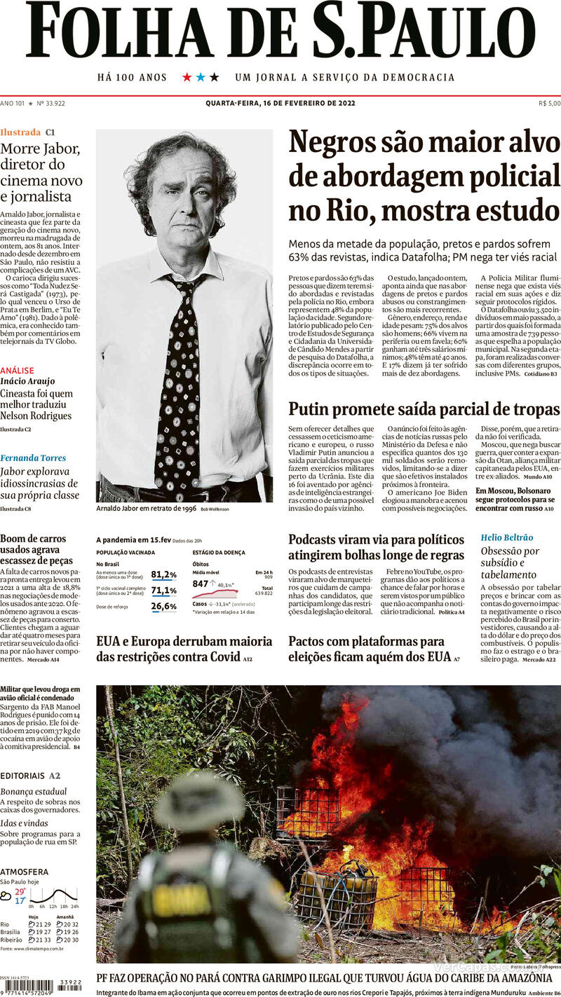 Capa do jornal Folha de S.Paulo 16/02/2022