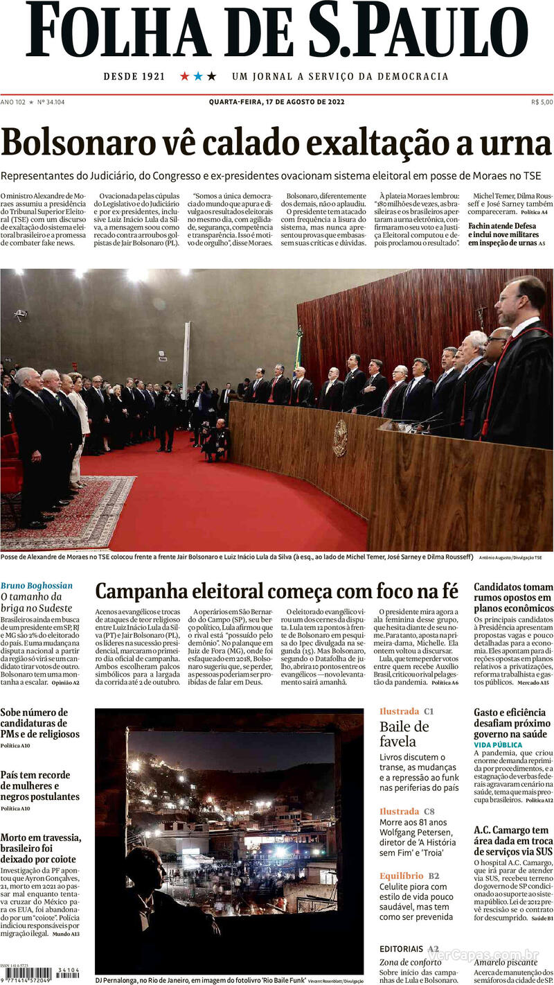 Capa do jornal Folha de S.Paulo 20/08/2017