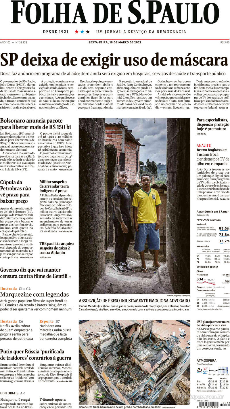 Capa do jornal Folha de S.Paulo 18/03/2022