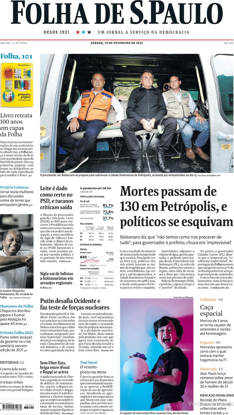 Capa do jornal Folha de S.Paulo 19/02/2022